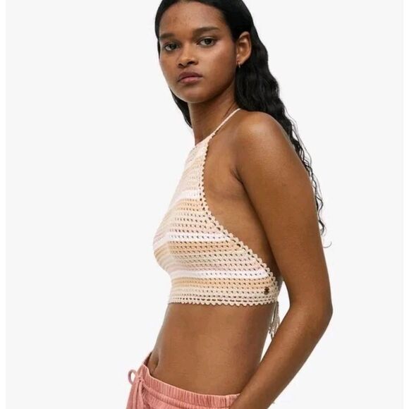 Roxy Daydreamer Cropped Crochet Halter Top Size Large Multicolor - Picture 1 of 12